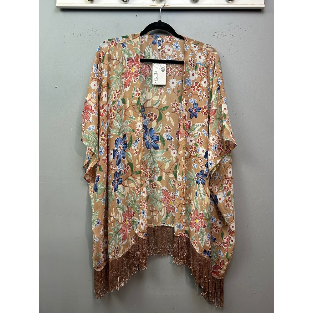 Weiyan Kimono Women XL Tan Floral Fringe Open Front Wrap Coverup Short Sleeve